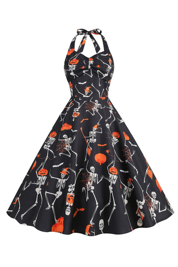 A Line Halloween Black Halter Pumpkin Printed 1950s Dress